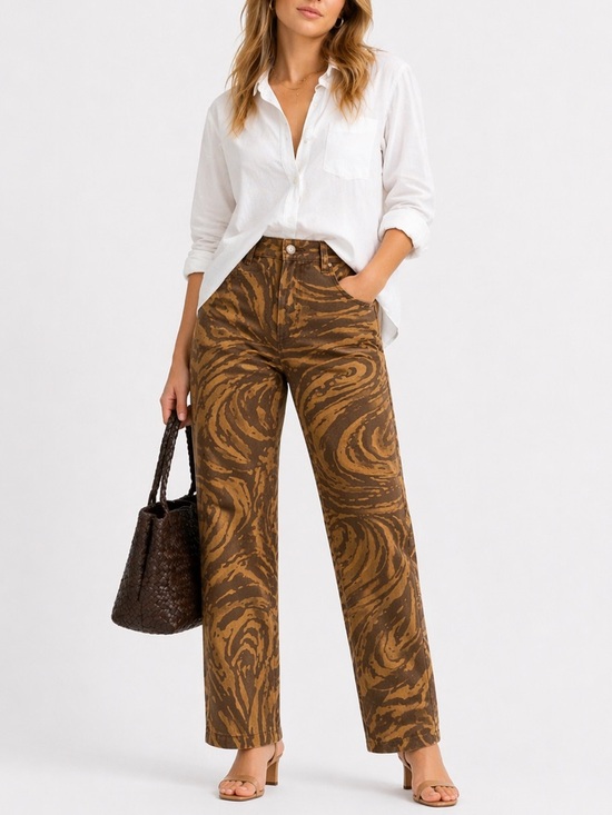 Vatka Vatka Pants - Vatka Vatka Organic Cotton Abstract Print Pants Brown Tan High Rise Straight Leg